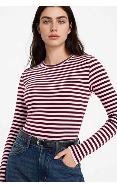 Loose Fıt Kayık Yaka Ribana Uzun Kollu Tişört