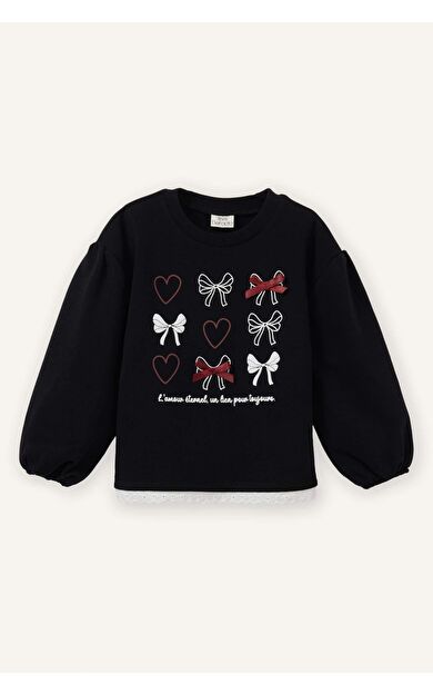 Oversıze Bisiklet Yaka Kalp Desenli Kalın Sweatshirt Kumaşı Sweatshirt Kız Bebek