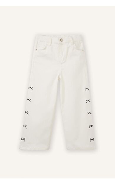 Wıde Leg Fiyonk Nakışlı Gabardin Pantolon Kız Bebek