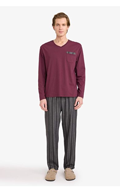 Regular Fit Çizgili Uzun Kollu 2'li Flanel Takım