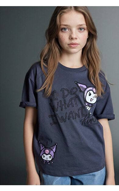 Kuromı Oversıze Bisiklet Yaka Kısa Kollu Tişört Kız Çocuk