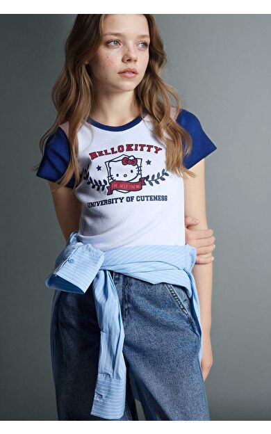 Hello Kıtty Fıtted Bisiklet Yaka Ribana Kısa Kollu Tişört Kız Çocuk