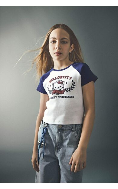 Hello Kıtty Fıtted Bisiklet Yaka Ribana Kısa Kollu Tişört Kız Çocuk