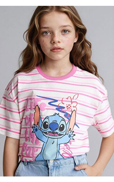 Dısney Lılo & Stıtch Oversıze Bisiklet Yaka Kısa Kollu Tişört Kız Çocuk