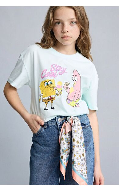 DeFacto SpongeBob Oversıze Bisiklet Yaka Kısa Kollu Tişört Kız Çocuk