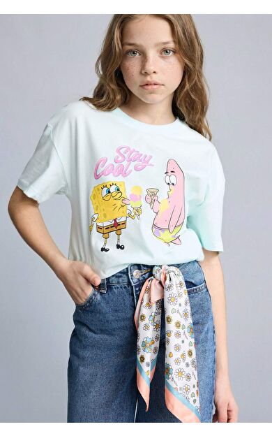DeFacto SpongeBob Oversıze Bisiklet Yaka Kısa Kollu Tişört Kız Çocuk