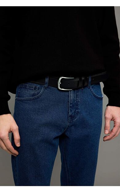 Erkek Dikdörtgen Toka Suni Deri Jean Kemeri