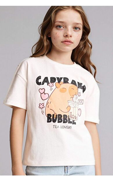 DeFacto Relax Fıt Bisiklet Yaka Kısa Kollu Tişört Kız Çocuk