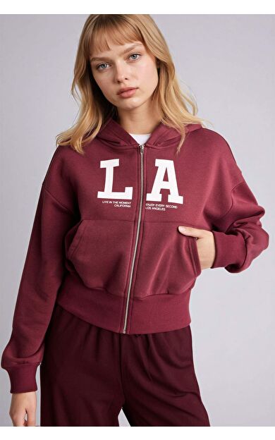Cropped Fit Kapüşonlu Baskılı Fermuarlı Sweatshirt