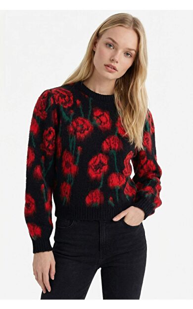 Regular Fit Bisiklet Yaka Romantik Baskılı Kazak