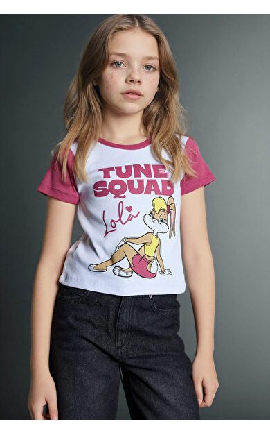 Kız Çocuk Looney Tunes Cropped Fit Bisiklet Yaka Ribana Kısa Kollu Tişört