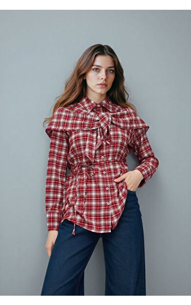DeFacto Regular Fit Kareli Gofre Dokulu Uzun Kollu Tunik
