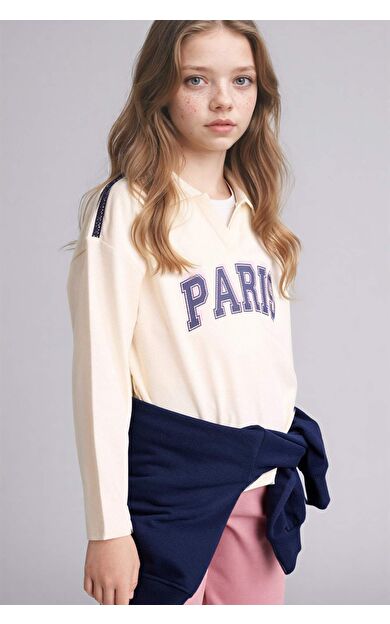 Polo Yaka Puf Baskılı Sweatshirt Kumaşı Uzun Kollu Polo Tişört Kız Çocuk