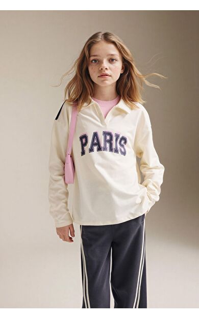 DeFacto Polo Yaka Puf Baskılı Sweatshirt Kumaşı Uzun Kollu Polo Tişört Kız Çocuk