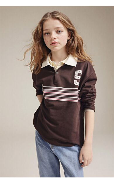 DeFacto Polo Yaka Slogan Baskılı Sweatshirt Kumaşı Uzun Kollu Polo Tişört Kız Çocuk