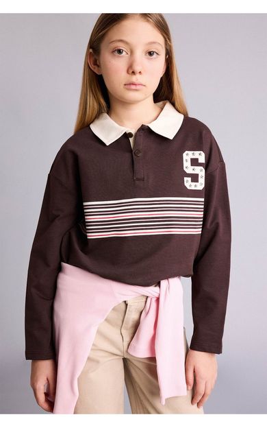 DeFacto Polo Yaka Slogan Baskılı Sweatshirt Kumaşı Uzun Kollu Polo Tişört Kız Çocuk