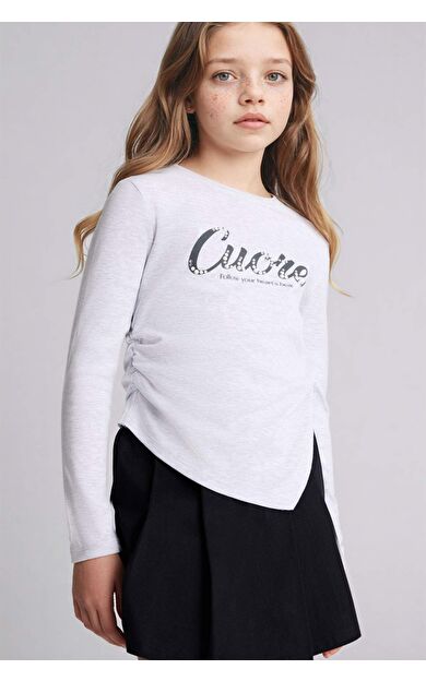 Bisiklet Yaka Slogan Baskılı Ribana Uzun Kollu Tişört Kız Çocuk