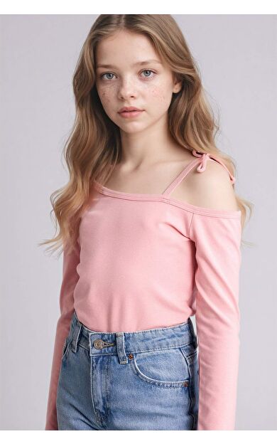 Kayık Yaka Penye Uzun Kollu Tişört Kız Çocuk