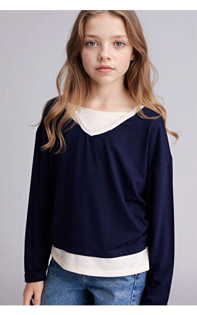 V Yaka Penye Uzun Kollu Tişört Kız Çocuk