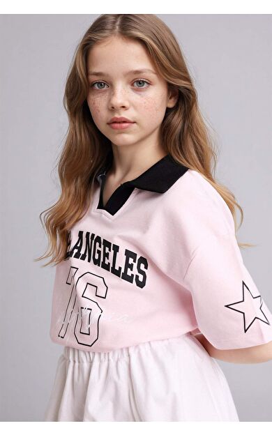 Oversıze Polo Yaka Slogan Baskılı Kısa Kollu Polo Tişört Kız Çocuk