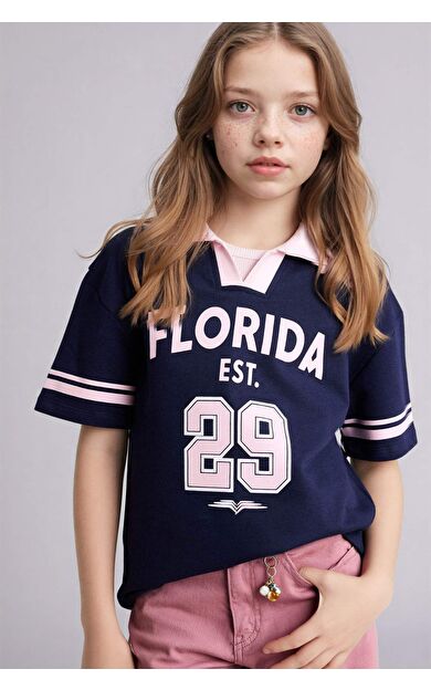 Oversıze Polo Yaka Slogan Baskılı Sweatshirt Kumaşı Kısa Kollu Polo Tişört Kız Çocuk