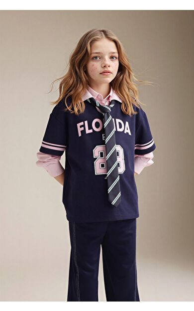 DeFacto Oversıze Polo Yaka Slogan Baskılı Sweatshirt Kumaşı Kısa Kollu Polo Tişört Kız Çocuk