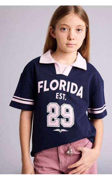 DeFacto Oversıze Polo Yaka Slogan Baskılı Sweatshirt Kumaşı Kısa Kollu Polo Tişört Kız Çocuk