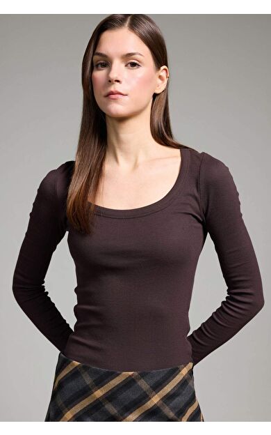 Slım Fıt Dar Kesim Yuvarlak Yaka Basıc Düz Fitilli Kaşkorse Uzun Kollu Tişört
