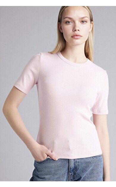 Slım Fıt Bisiklet Yaka Basıc Düz Fitilli Kaşkorse Kısa Kollu Tişört