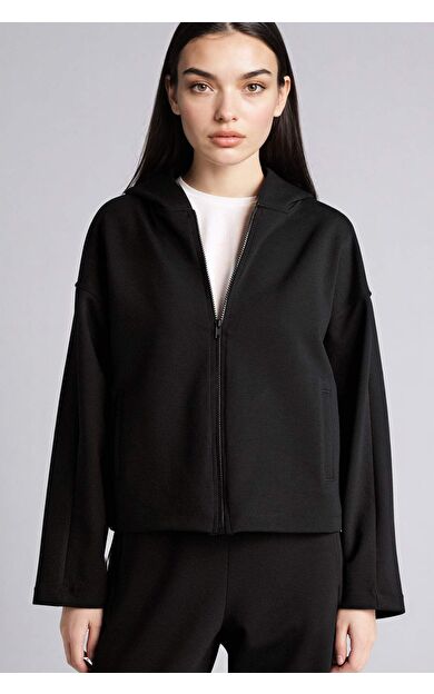 Relax Fıt Kapüşonlu Basıc Düz Skuba Dalgıç Kumaş Hırka