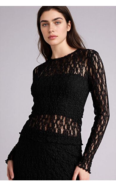 Fıtted Bisiklet Yaka Dantel Uzun Kollu Tişört