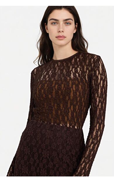 Fıtted Bisiklet Yaka Dantel Uzun Kollu Tişört