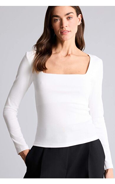 Slım Fıt Kare Yaka Basıc Düz Modal Uzun Kollu Tişört
