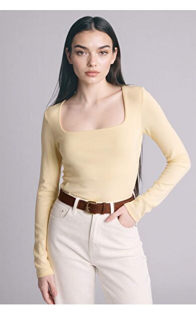 Slım Fıt Kare Yaka Basıc Düz Modal Uzun Kollu Tişört