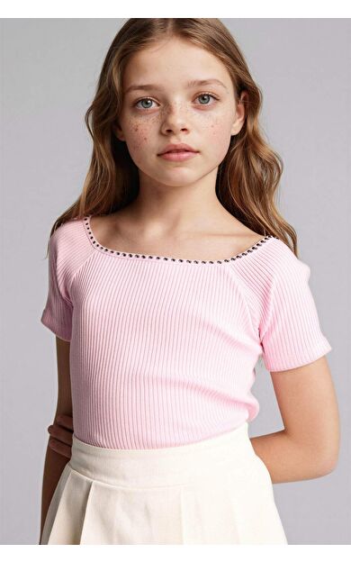 DeFacto Regular Fıt Kayık Yaka Ribana Kısa Kollu Tişört Kız Çocuk