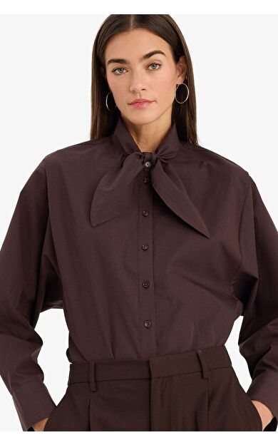 Oversize Geniş Kalıp Fular Yaka Poplin Uzun Kollu Gömlek