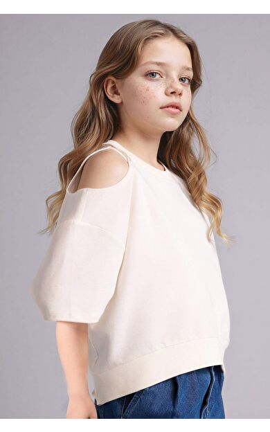 Oversıze Bisiklet Yaka Sweatshirt Kumaşı Kısa Kollu Tişört Kız Çocuk