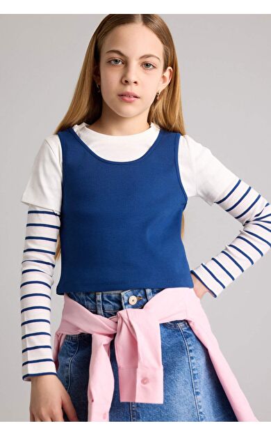 DeFacto Regular Fıt Bisiklet Yaka Fitilli Kaşkorse Uzun Kollu Tişört Kız Çocuk