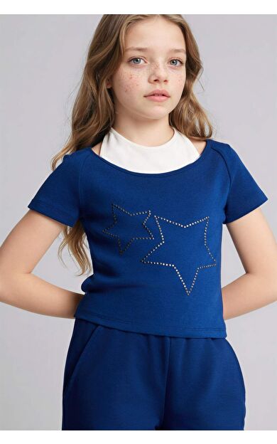 Regular Fıt Halter Yaka Yıldız Desenli Ribana Kısa Kollu Tişört Kız Çocuk