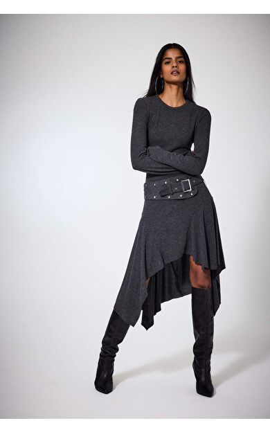 Bisiklet Yaka Uzun Kollu Midi Elbise