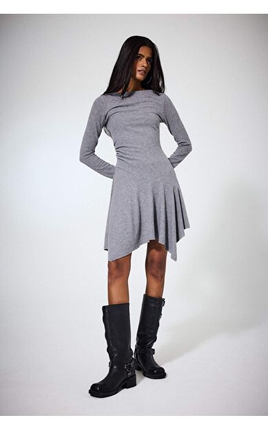 Bisiklet Yaka Uzun Kollu Mini Elbise