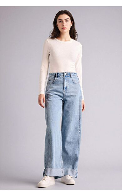 Barrel Fıt Yüksek Bel Katlamalı Paça Uzun Jean Yıkamalı Pantolon