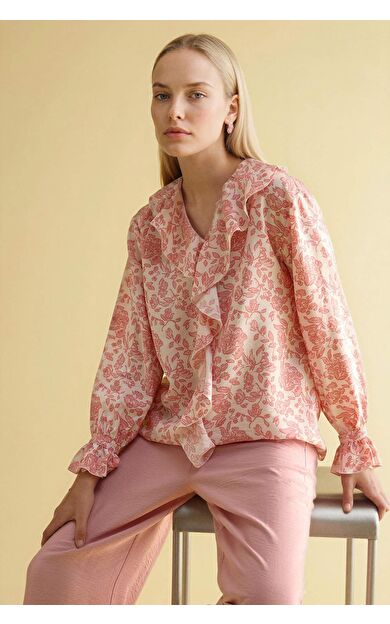 DeFacto Regular Fıt V Yaka Baskılı Uzun Kollu Bluz