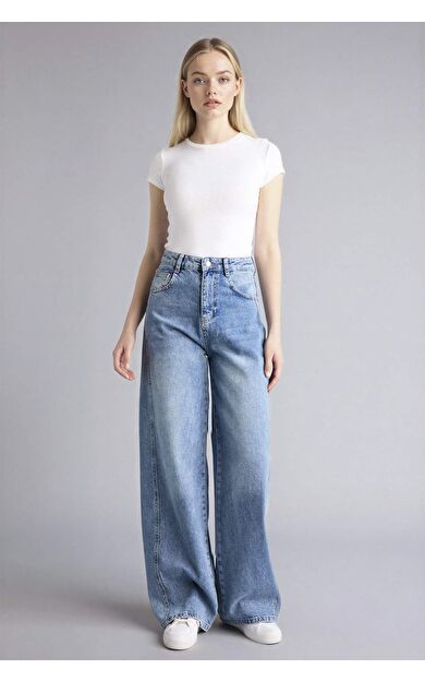 Wıde Leg Normal Bel Kısa Paça Bilek Boy Jean Yıkamalı Pantolon