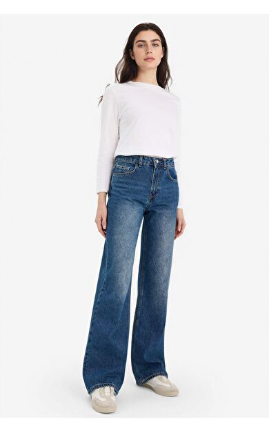 Straıght Wıde Yüksek Bel Uzun Jean Yıkamalı Pantolon