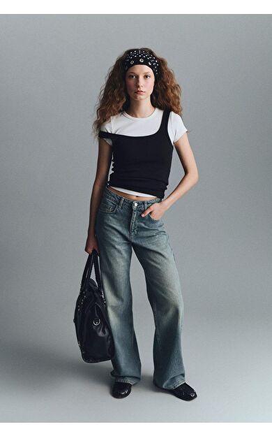 Straight Wide Yüksek Bel Uzun Jean Yıkamalı Pantolon