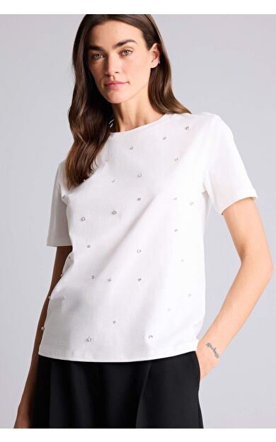 DeFacto Regular Fıt Bisiklet Yaka İşlemeli Penye Kısa Kollu Tişört