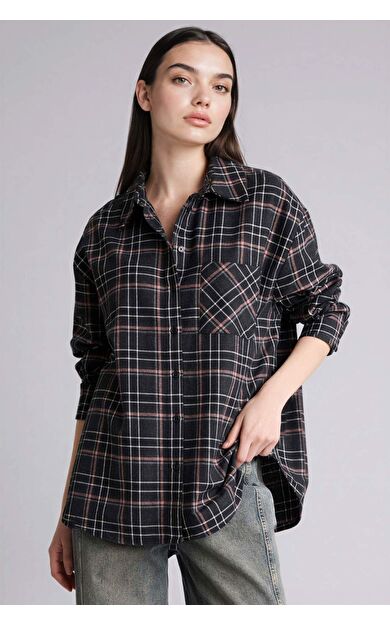 Oversıze Gömlek Yaka Kareli Flanel Uzun Kollu Gömlek