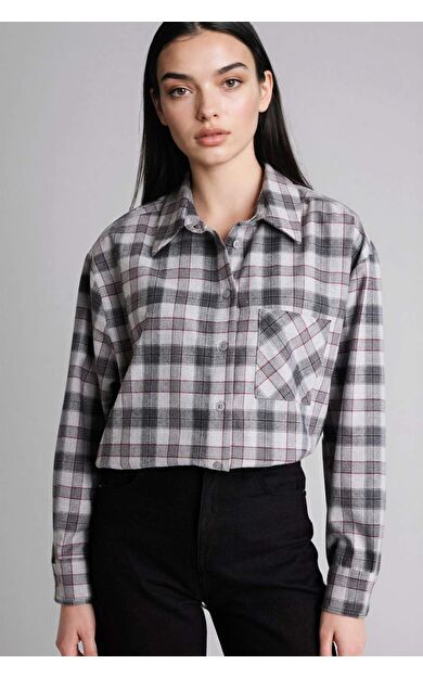 Oversıze Gömlek Yaka Kareli Flanel Uzun Kollu Gömlek