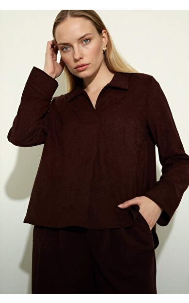 Relax Fit Gömlek Yaka Süet Uzun Kollu Bluz